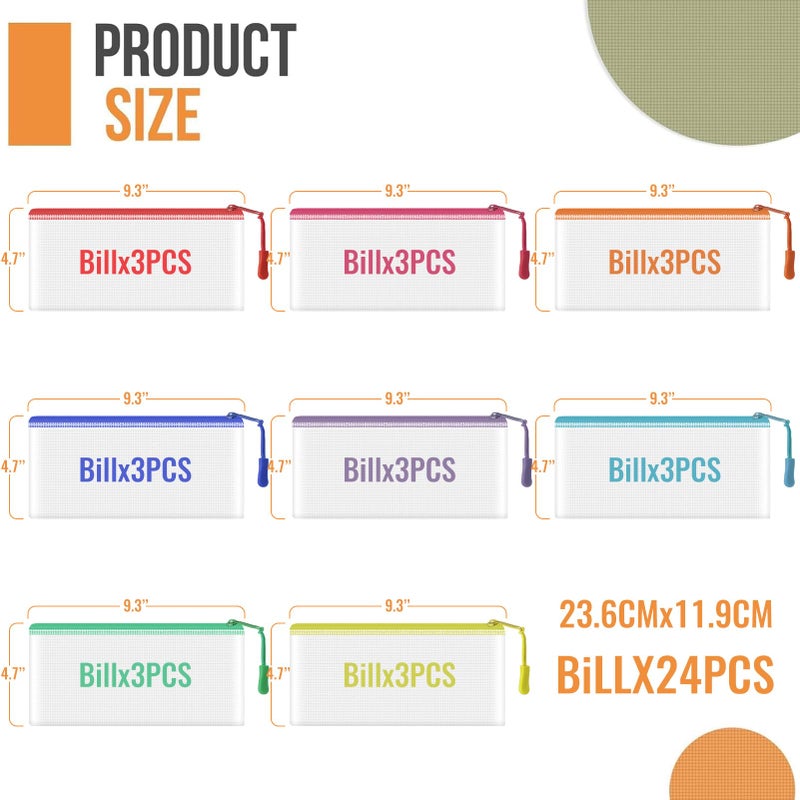 YOPCDJ 24pcs Mesh Zipper Pouch Bags 9.3 x 4.7 Inches, 8 Color Small Clear Pouches Bulk, Travel Cosmetics Organization, Classroom and Office Supplies - Image 3